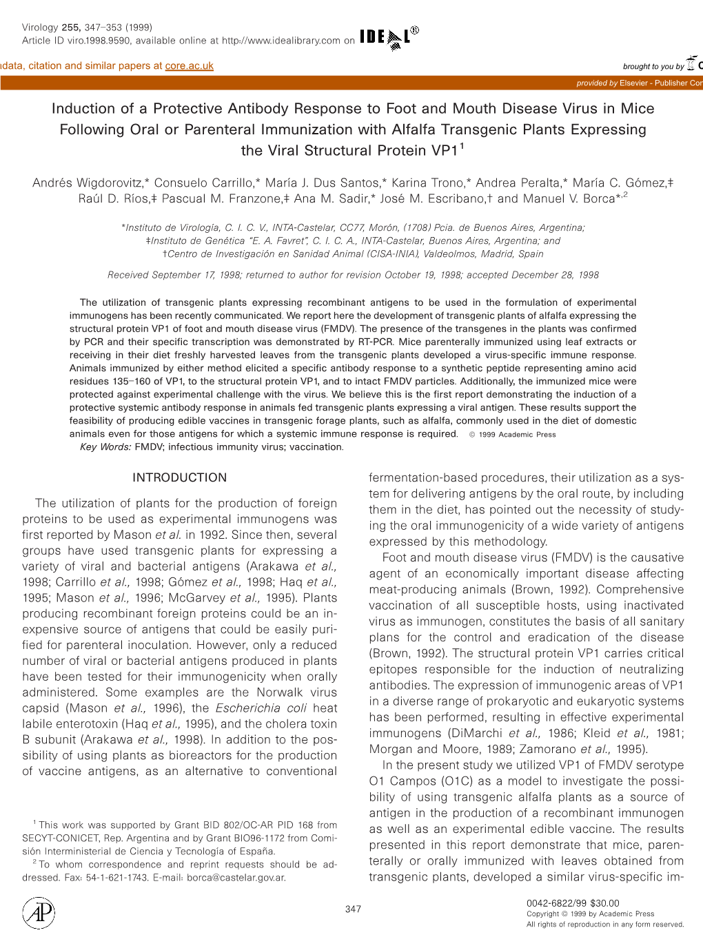 Induction of a Protective Antibody Response to Foot and Mouth