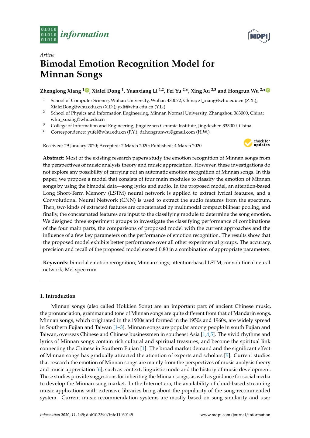 Bimodal Emotion Recognition Model for Minnan Songs