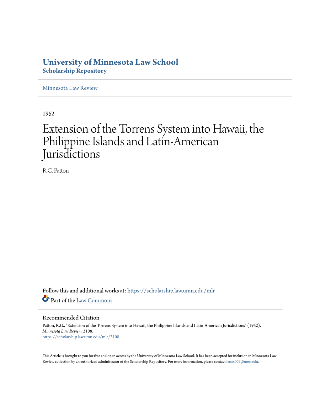 Extension of the Torrens System Into Hawaii, the Philippine Islands and Latin-American Jurisdictions R.G