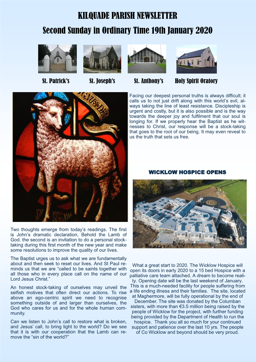 KILQUADE PARISH NEWSLETTER Second Sunday in Ordinary Time 19Th January 2020