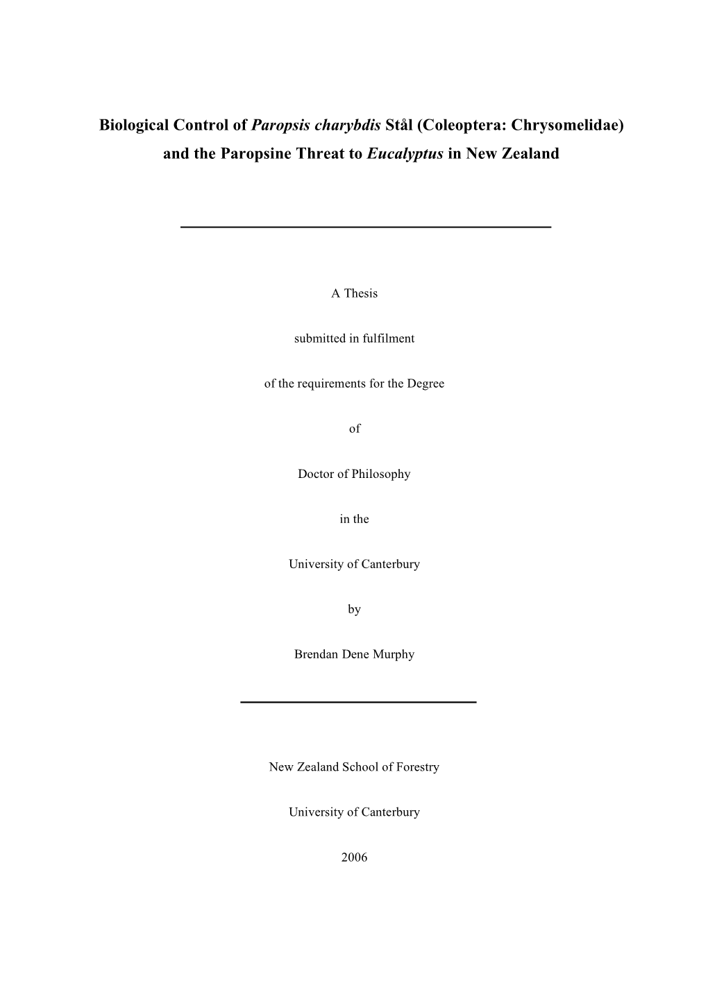 Coleoptera: Chrysomelidae) and the Paropsine Threat to Eucalyptus in New Zealand