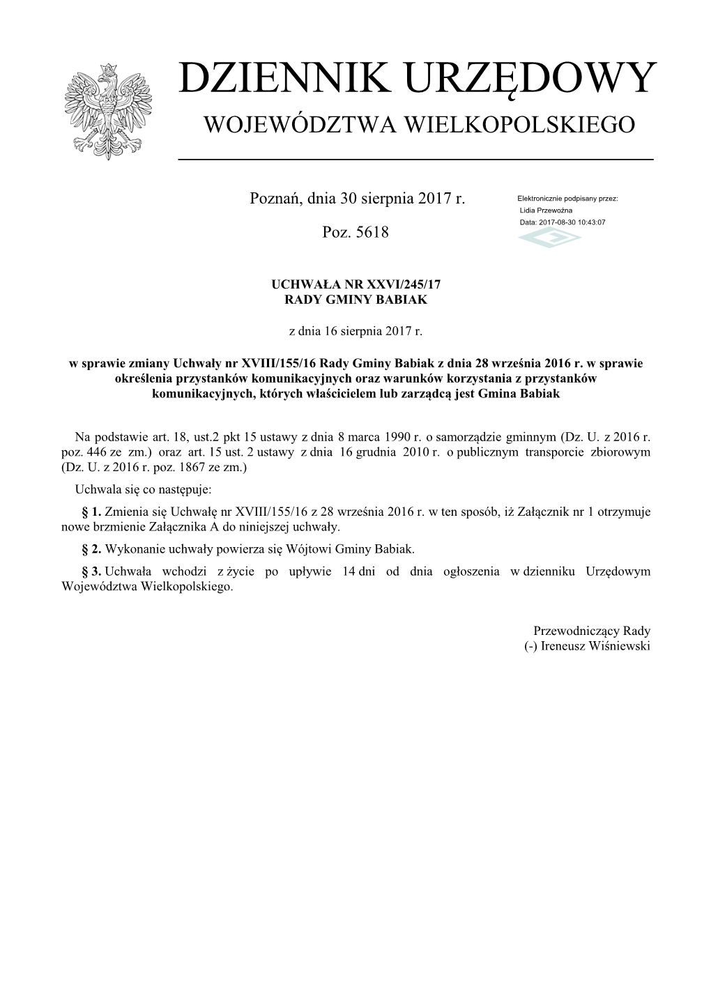 Uchwała Nr XXVI/245/17 Z Dnia 16 Sierpnia 2017 R