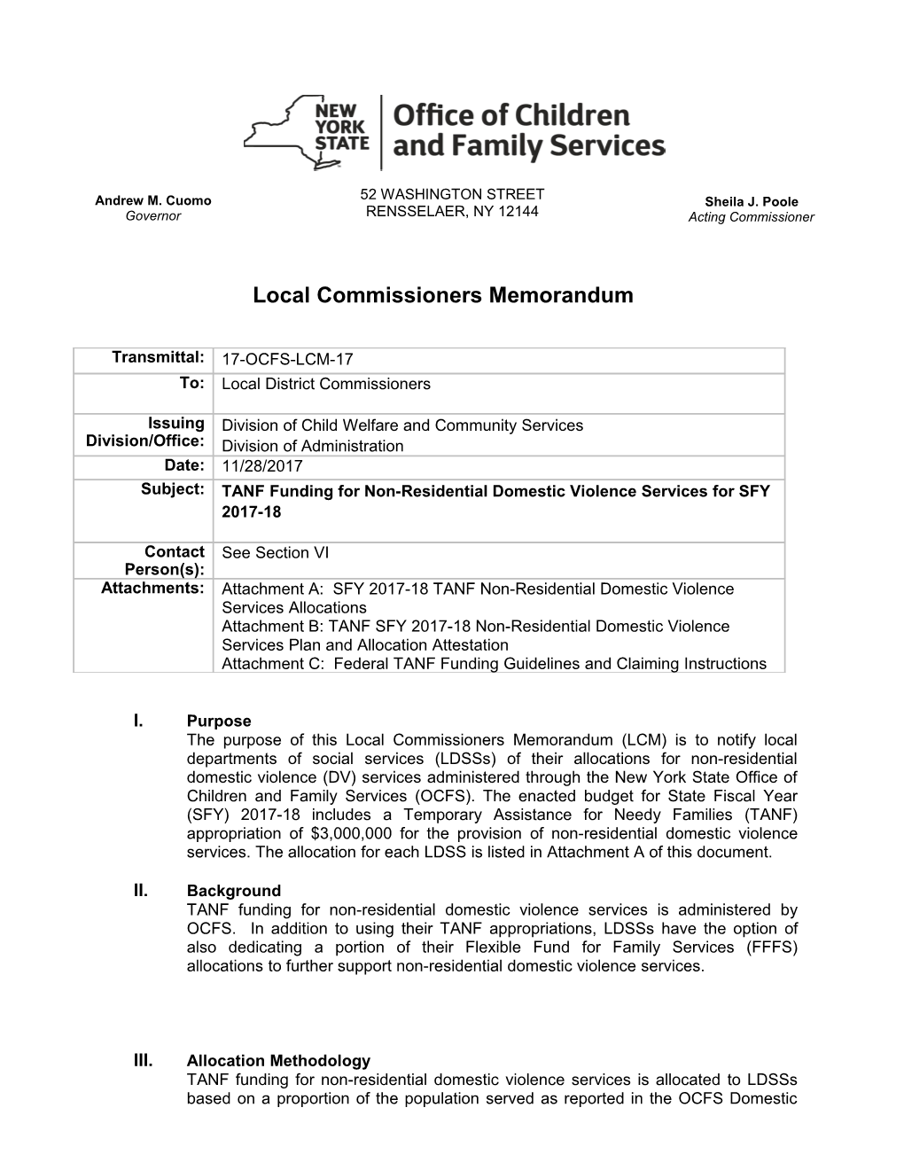 17-OCFS-LCM-17 TANF Funding for Non-Residential Domestic Violence Services for SFY 2017-18