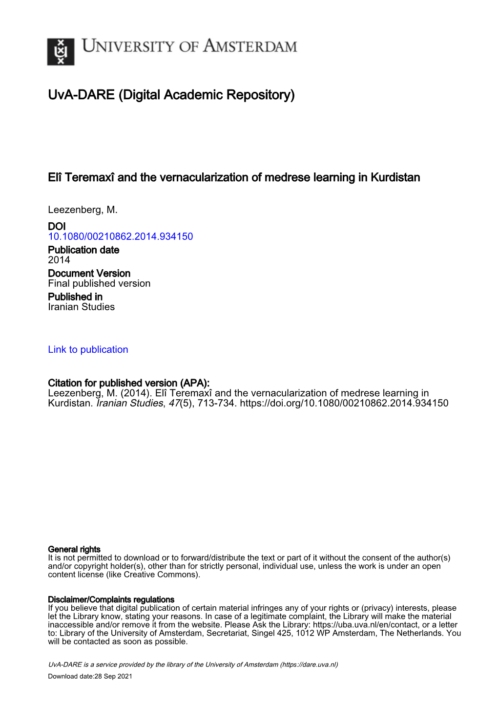 Elî Teremaxî and the Vernacularization of Medrese Learning in Kurdistan