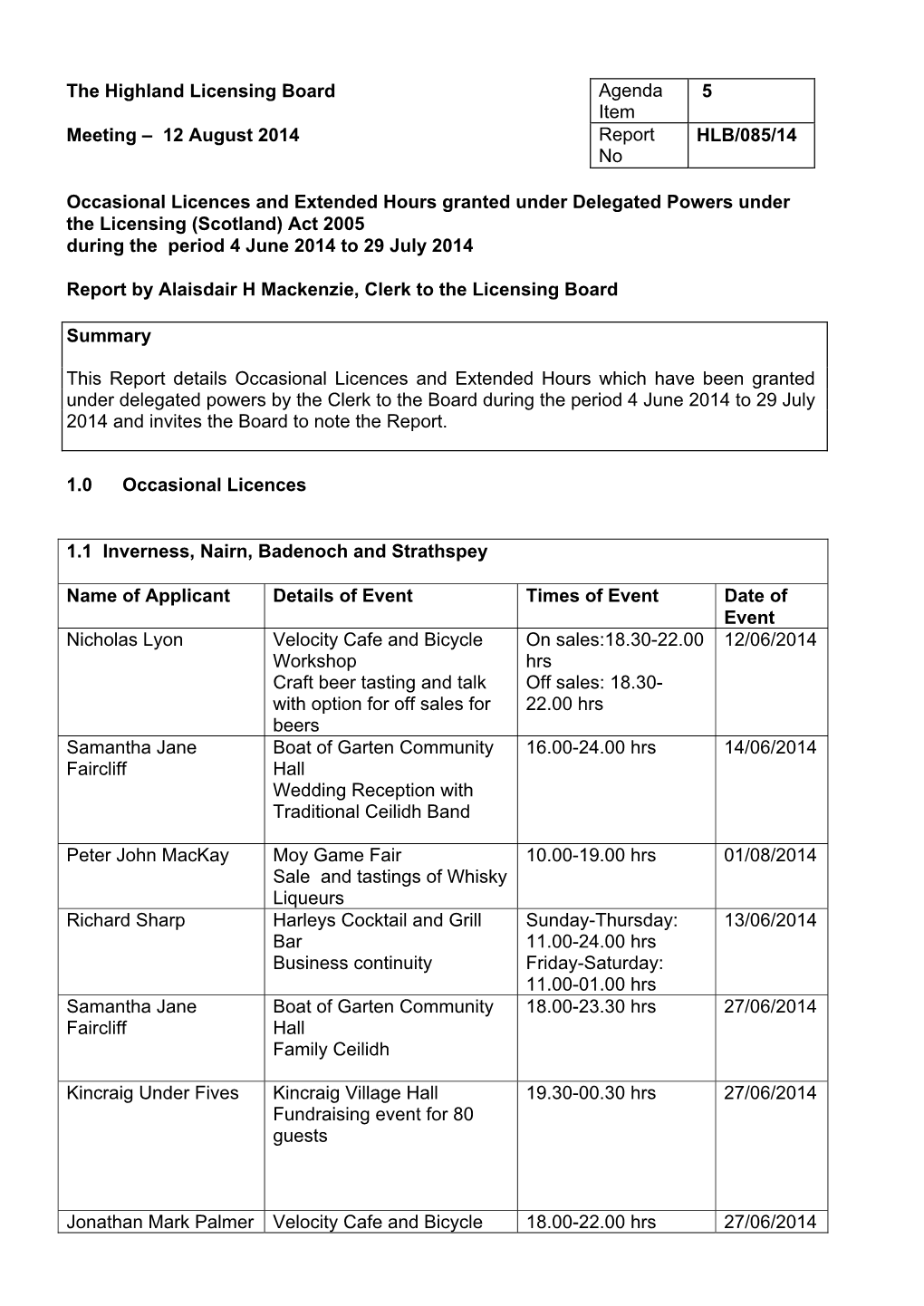 Occasional Licences and Extended Hours Granted Under Delegated Powers Under the Licensing (Scotland) Act 2005 During the Period 4 June 2014 to 29 July 2014