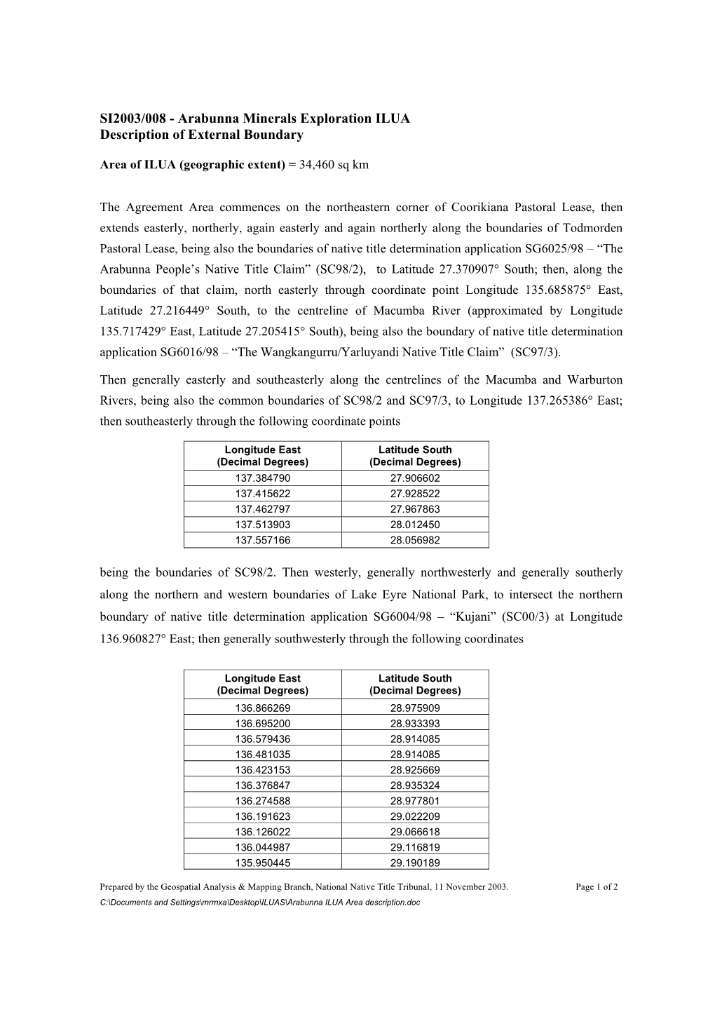 Arabunna Minerals Exploration ILUA Description of External Boundary