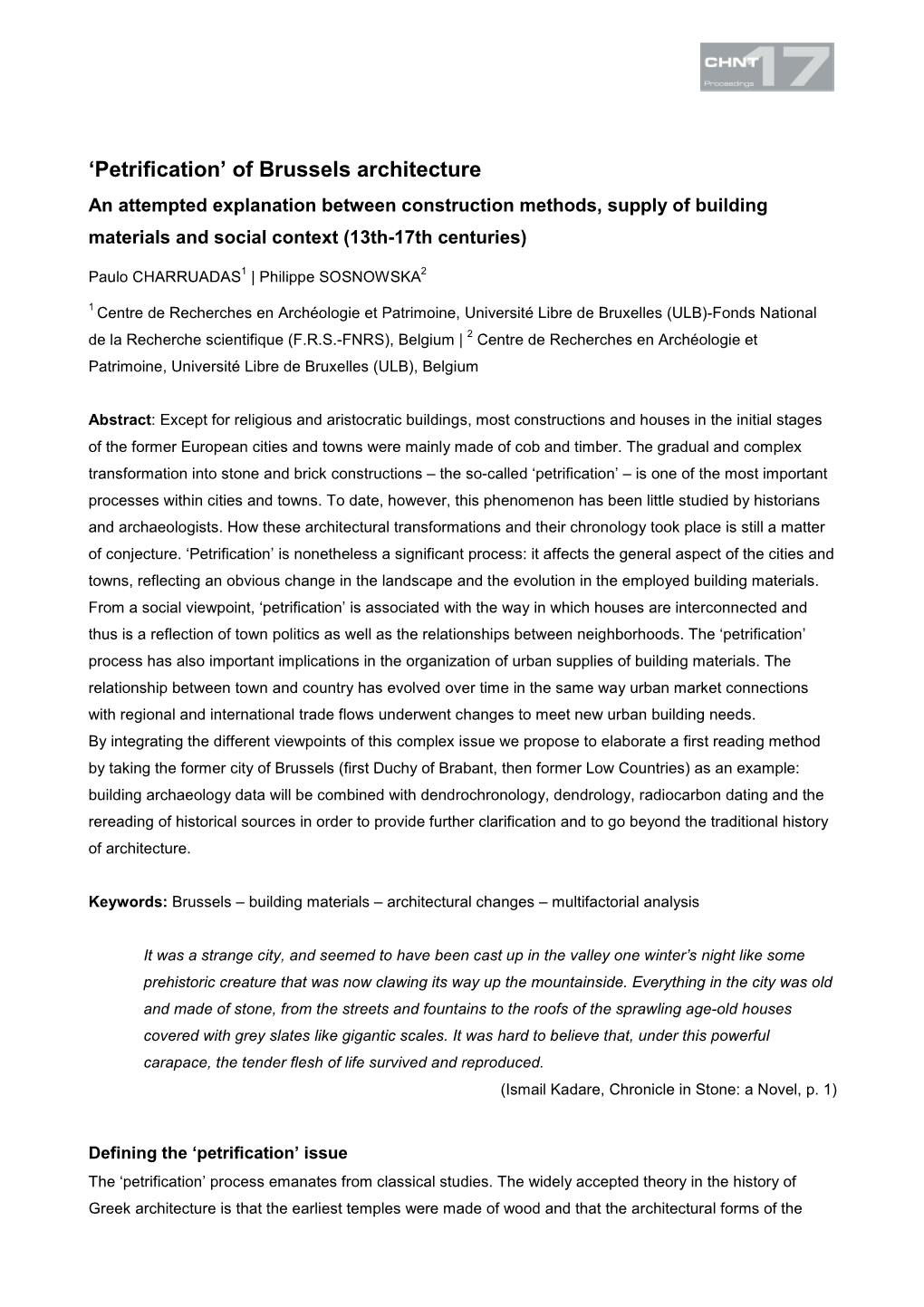 Petrification’ of Brussels Architecture an Attempted Explanation Between Construction Methods, Supply of Building Materials and Social Context (13Th-17Th Centuries)