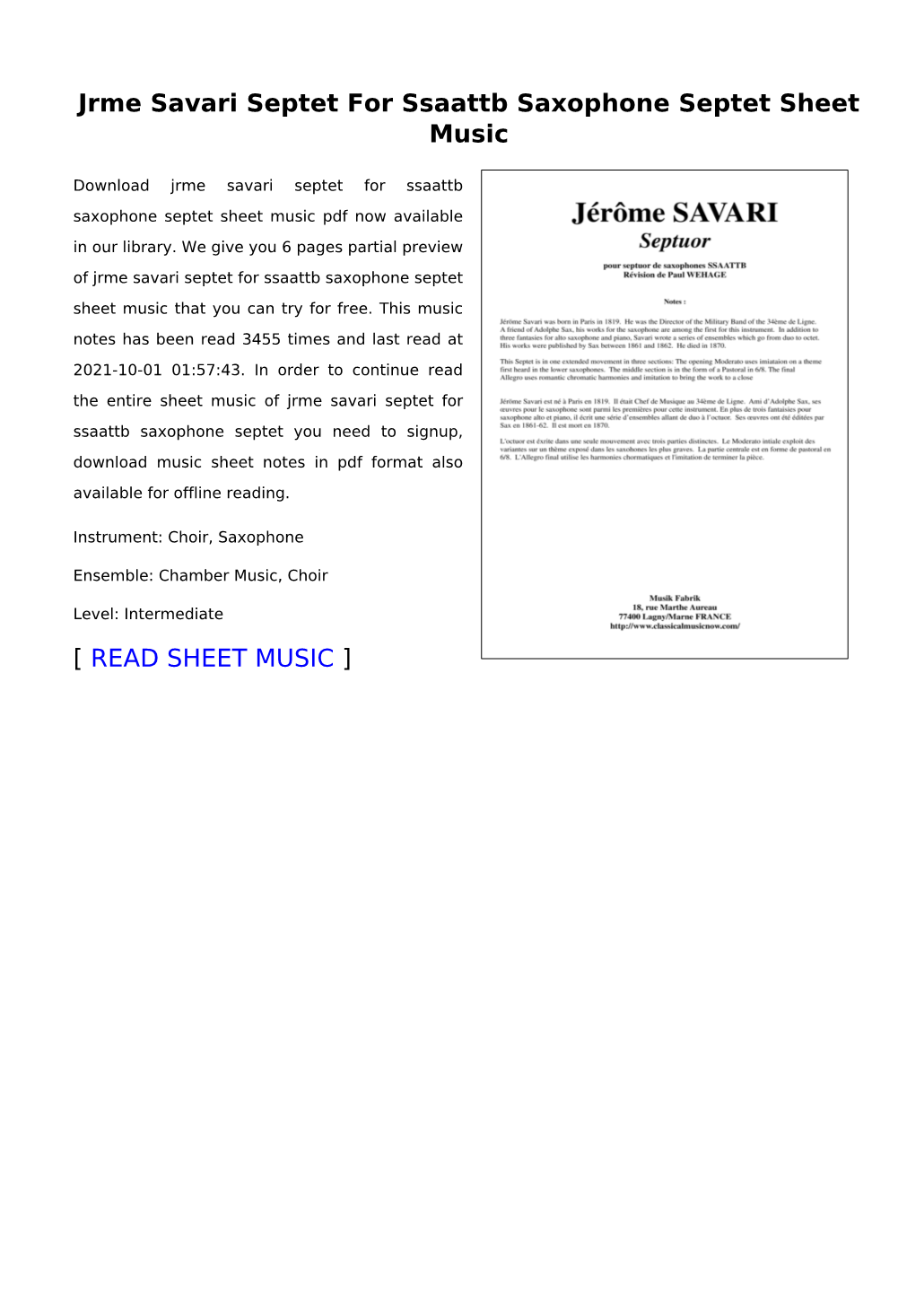 Jrme Savari Septet for Ssaattb Saxophone Septet Sheet Music