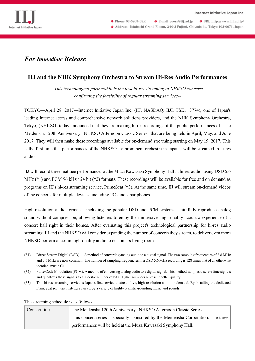 IIJ and the NHK Symphony Orchestra to Stream Hi-Res Audio Performances