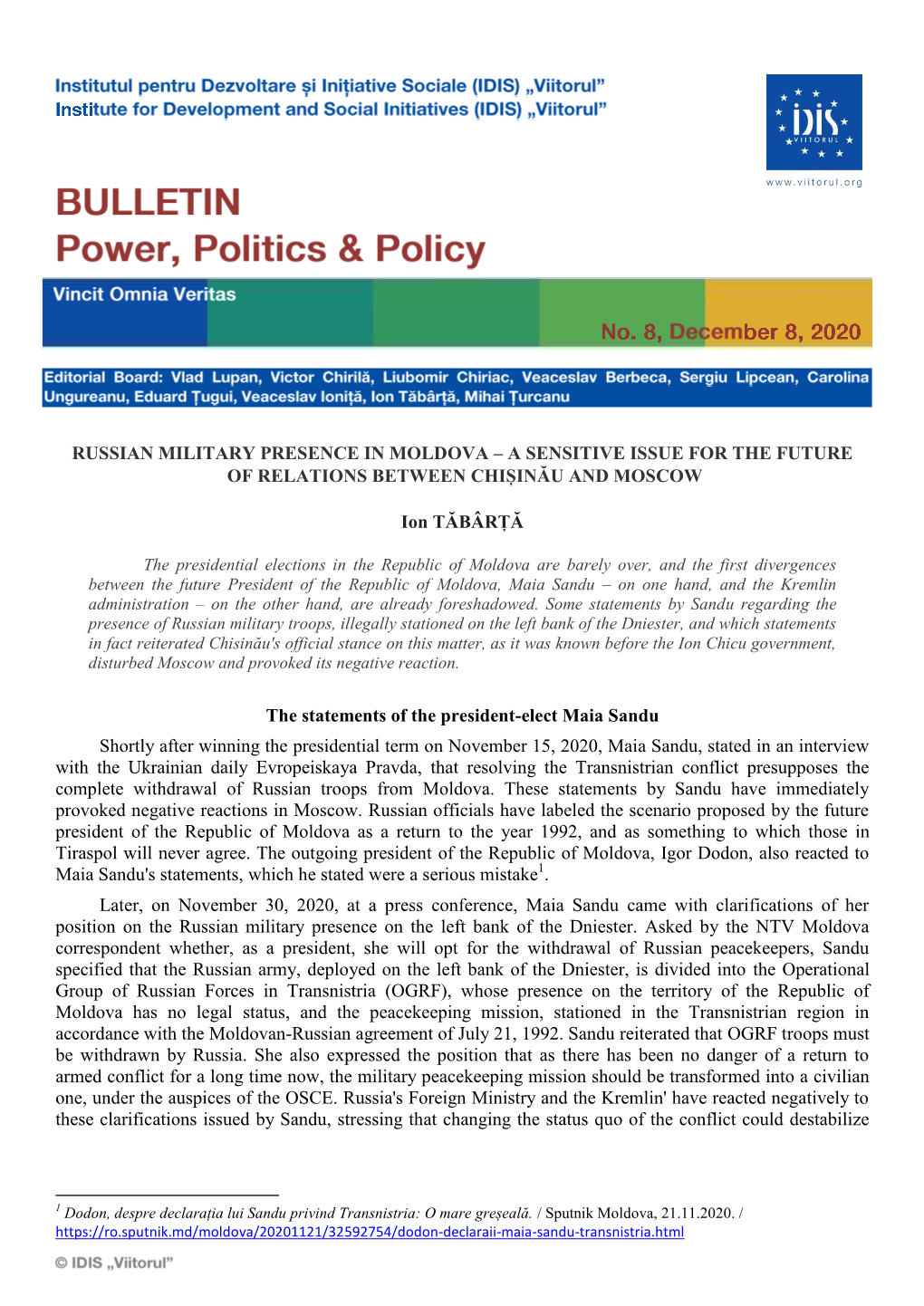 Russian Military Presence in Moldova – a Sensitive Issue for the Future of Relations Between Chișinău and Moscow