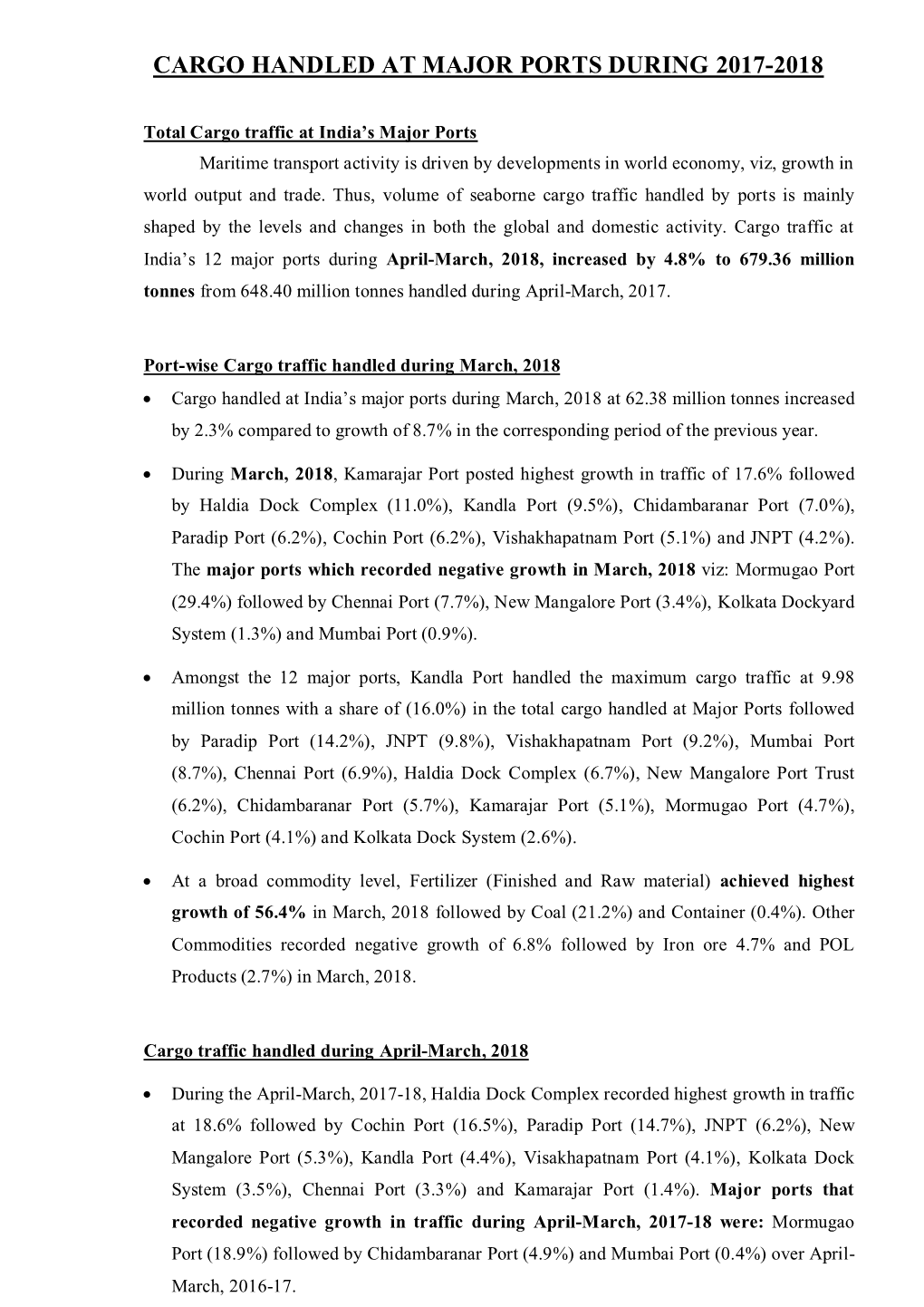 Cargo Handled at Major Ports During 2017-2018