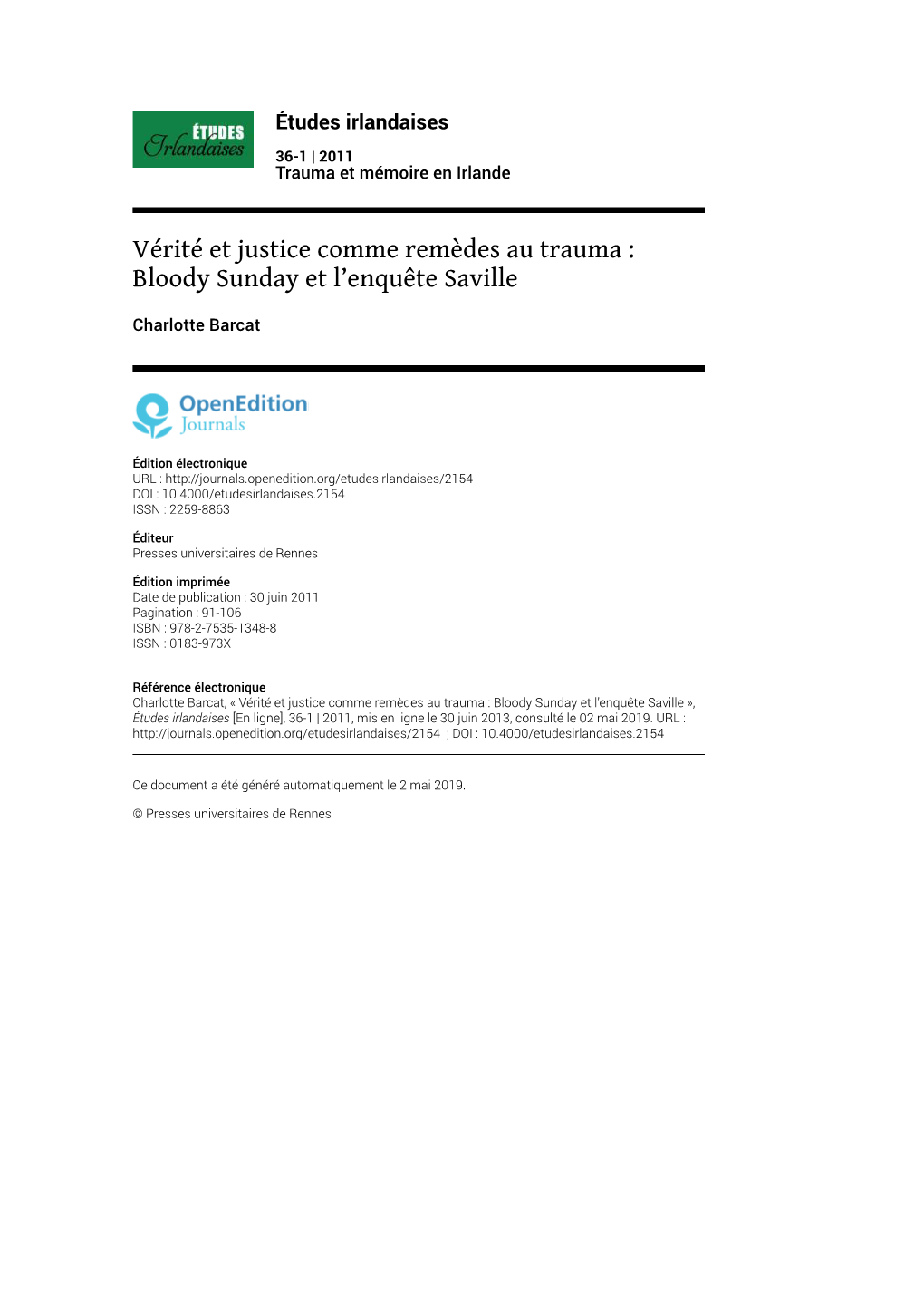 Études Irlandaises, 36-1 | 2012 Vérité Et Justice Comme Remèdes Au Trauma : Bloody Sunday Et L’Enquête Saville 2