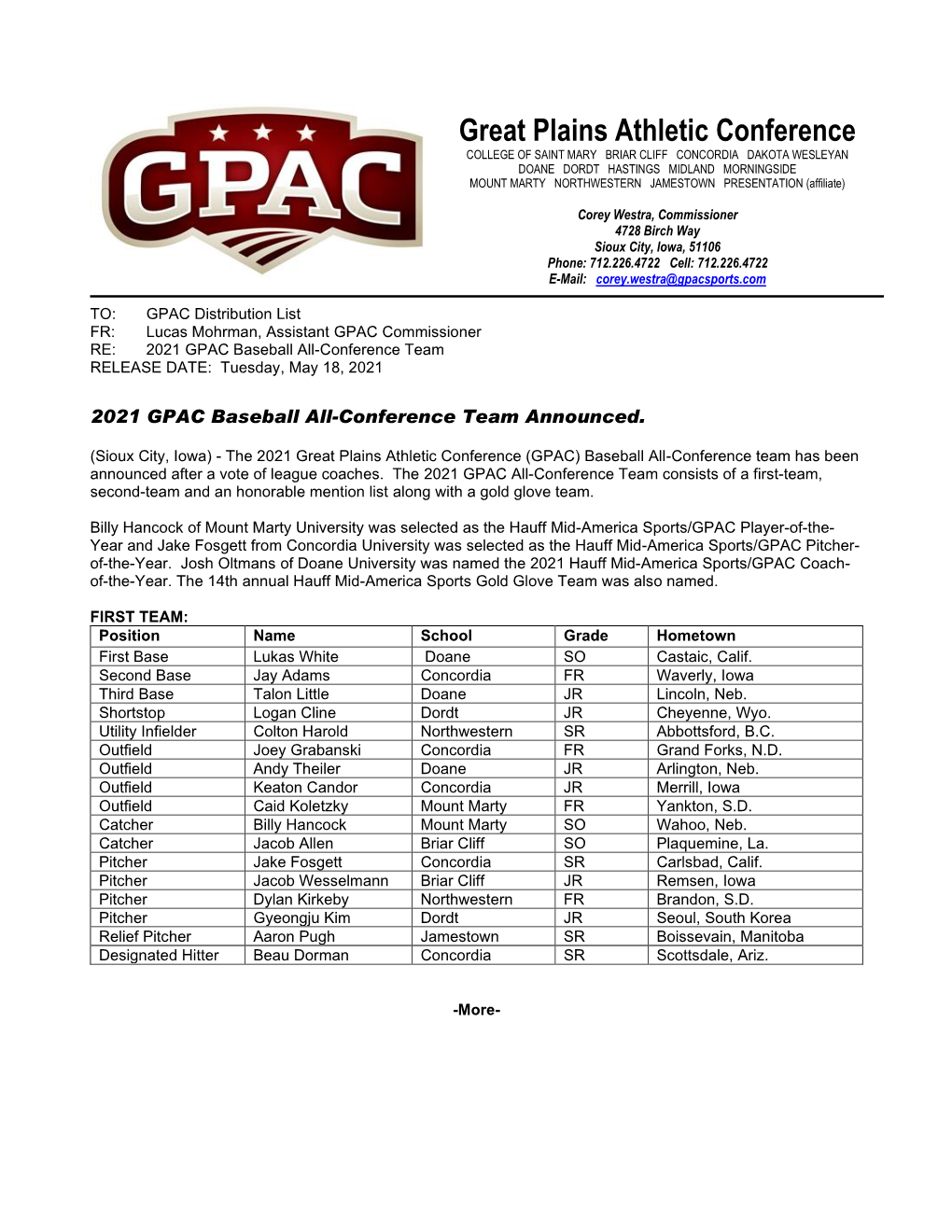 2021 GPAC Baseball All-Conference Team RELEASE DATE: Tuesday, May 18, 2021