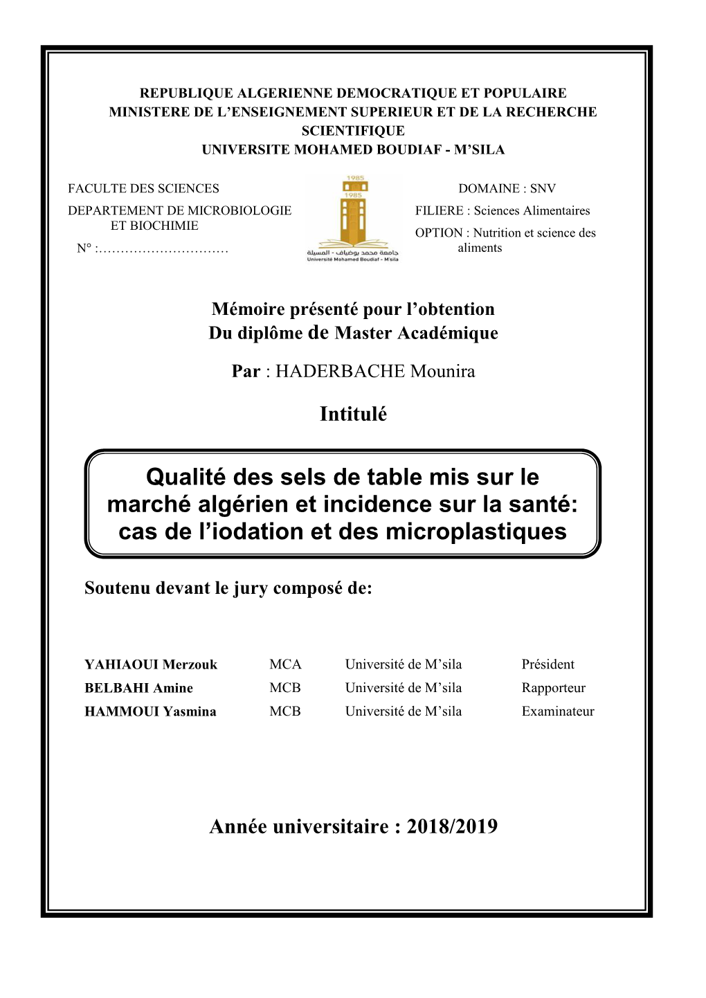 Qualité Des Sels De Ta Marché Algérien Et Incid Cas De L'iodation Et Des