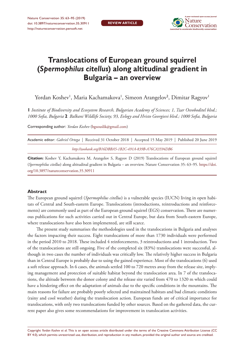 Translocations of European Ground Squirrel (Spermophilus Citellus) Along Altitudinal Gradient in Bulgaria – an Overview