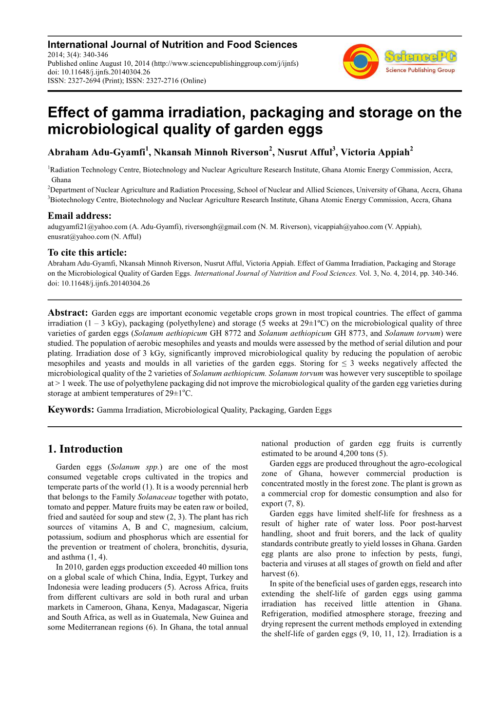 Effect of Gamma Irradiation, Packaging and Storage on the Microbiological Quality of Garden Eggs