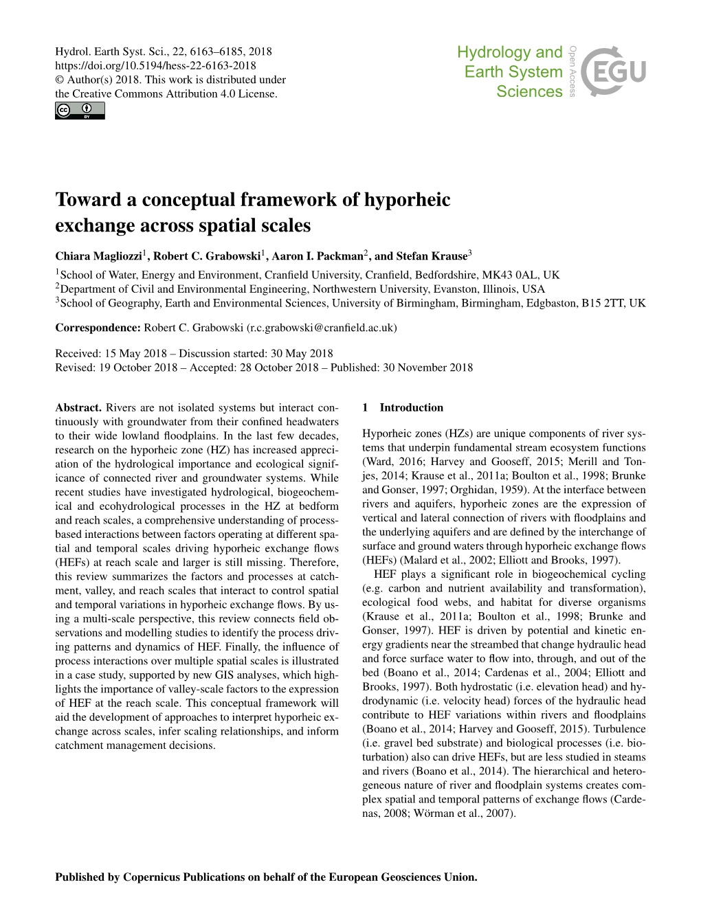 Toward a Conceptual Framework of Hyporheic Exchange Across Spatial Scales