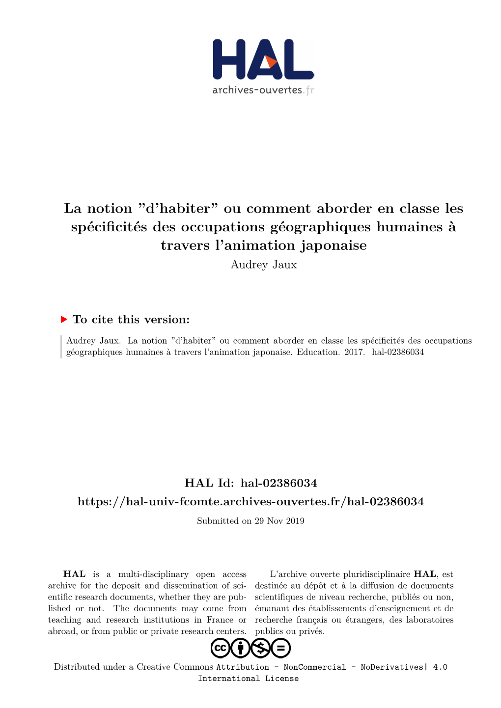 La Notion ''D'habiter'' Ou Comment Aborder En Classe Les Spécificités