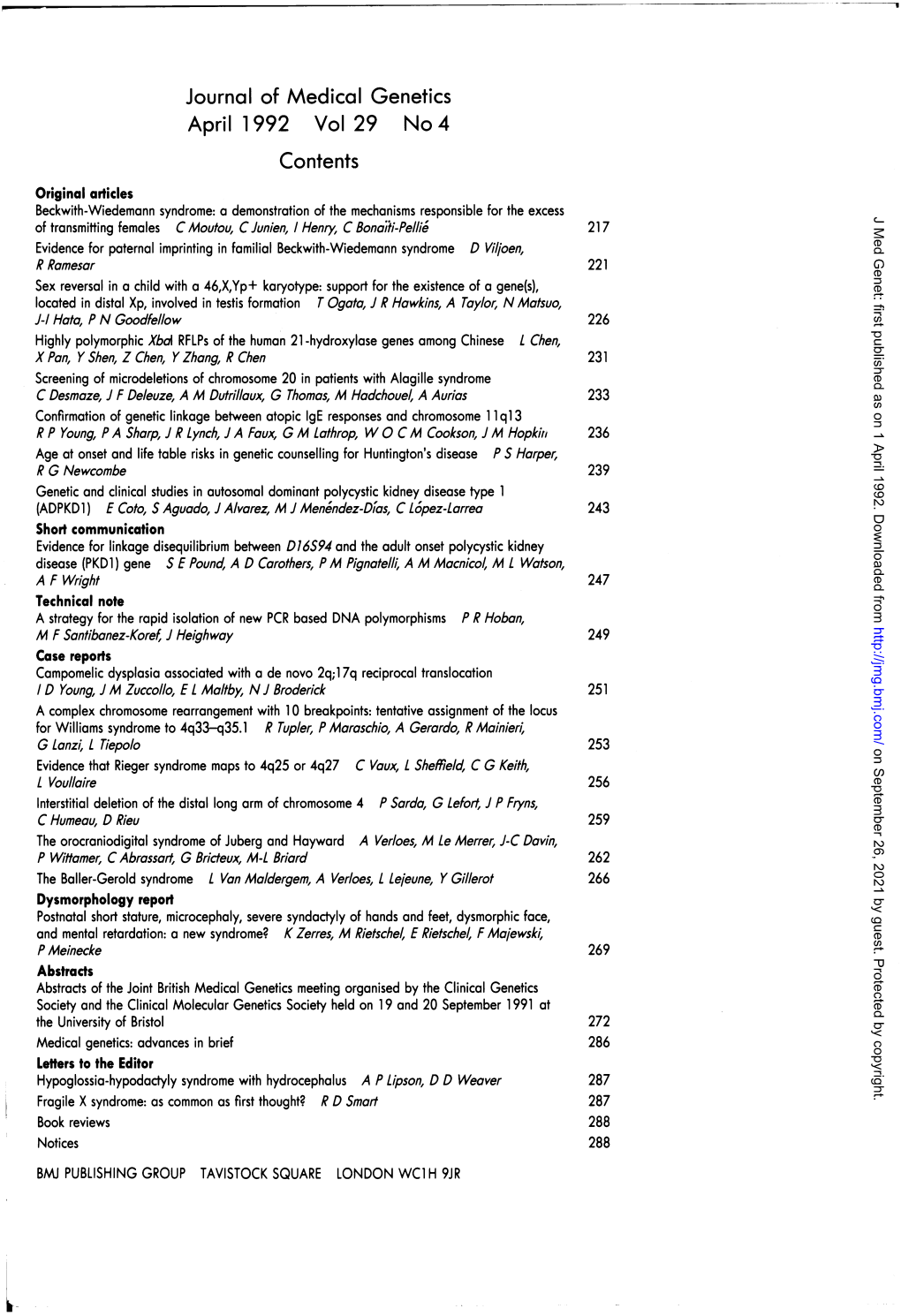 Journal of Medical Genetics April 1992 Vol 29 No4 Contents Original Articles