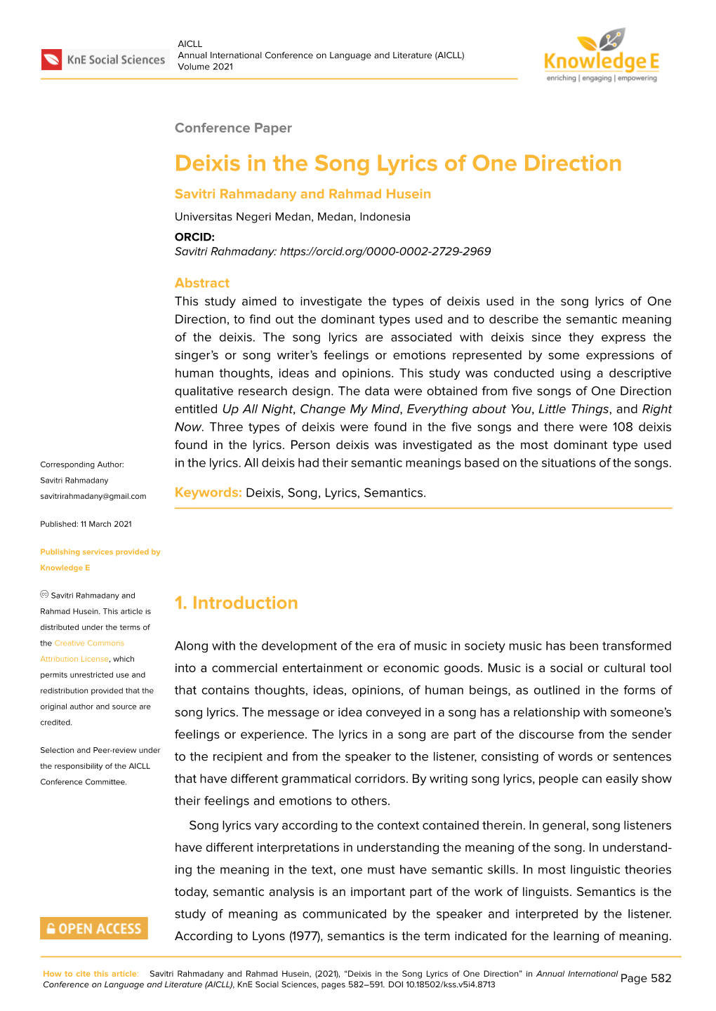 Deixis in the Song Lyrics of One Direction