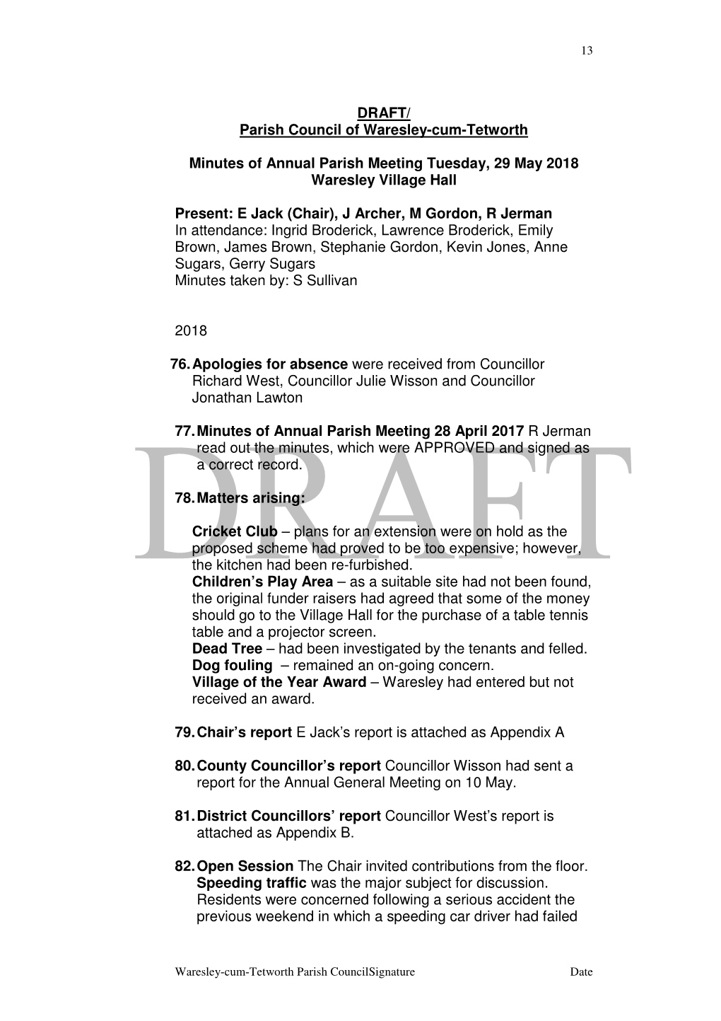 DRAFT/ Parish Council of Waresley-Cum-Tetworth Minutes Of