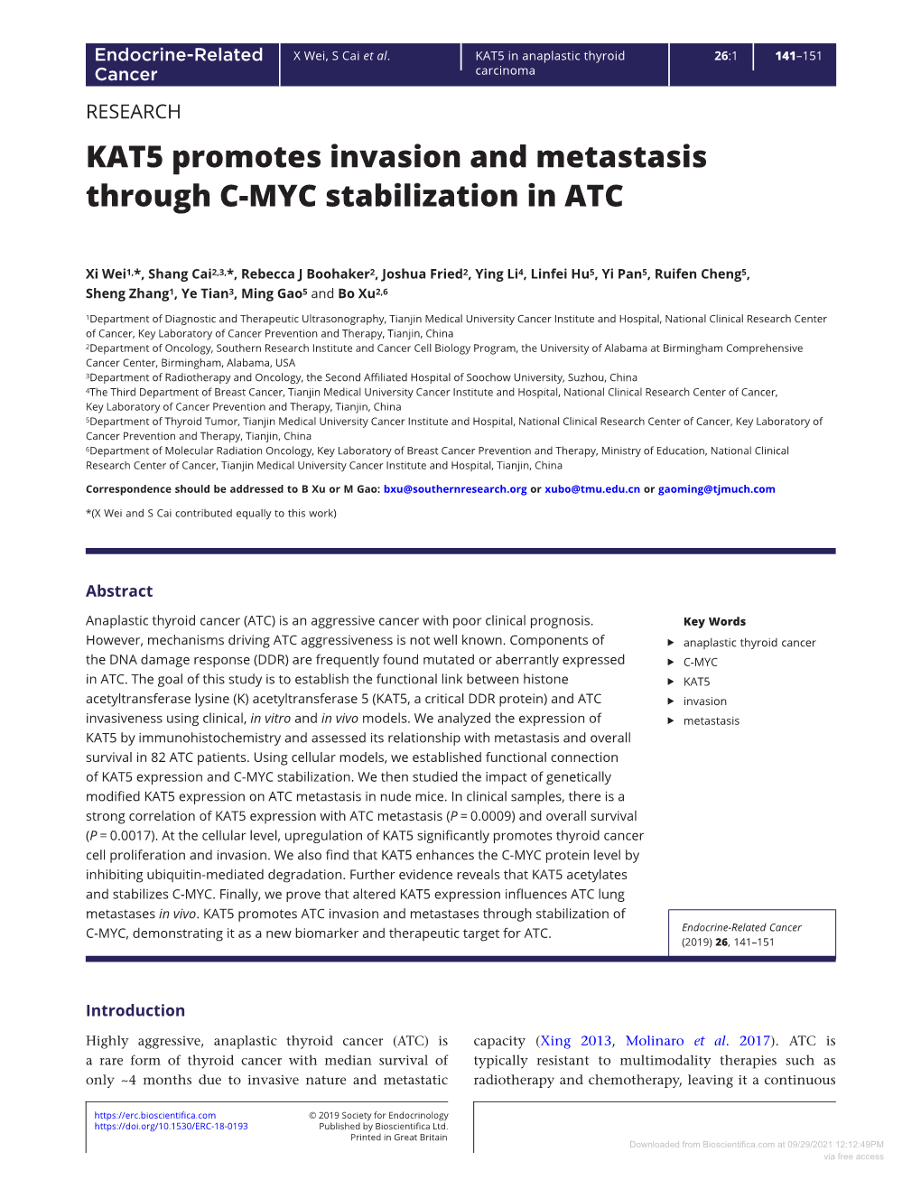 KAT5 Promotes Invasion and Metastasis Through C-MYC Stabilization in ATC