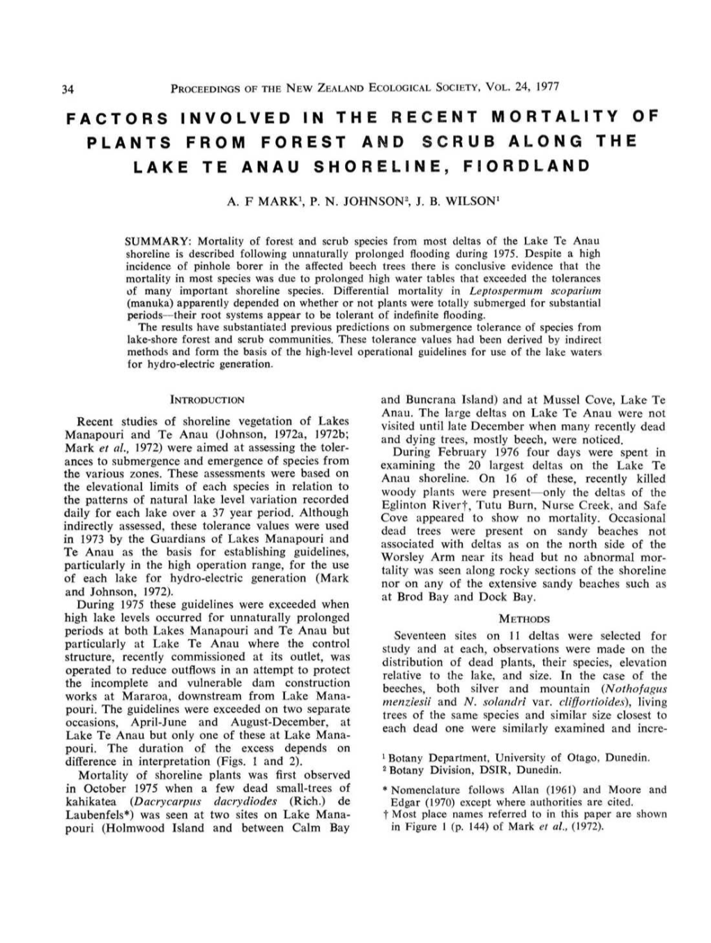 Factors Involved in the Recent Mortality of Plants from Forest and Scrub Along the Lake Te an Au Shoreline, Fiordland