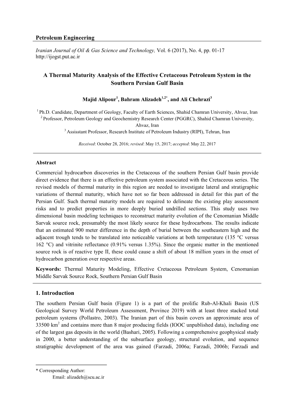 A Thermal Maturity Analysis of the Effective Cretaceous Petroleum System in the Southern Persian Gulf Basin