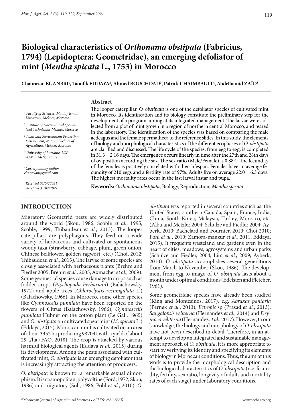 Biological Characteristics of Orthonama Obstipata (Fabricius, 1794) (Lepidoptera: Geometridae), an Emerging Defoliator of Mint (Mentha Spicata L., 1753) in Morocco