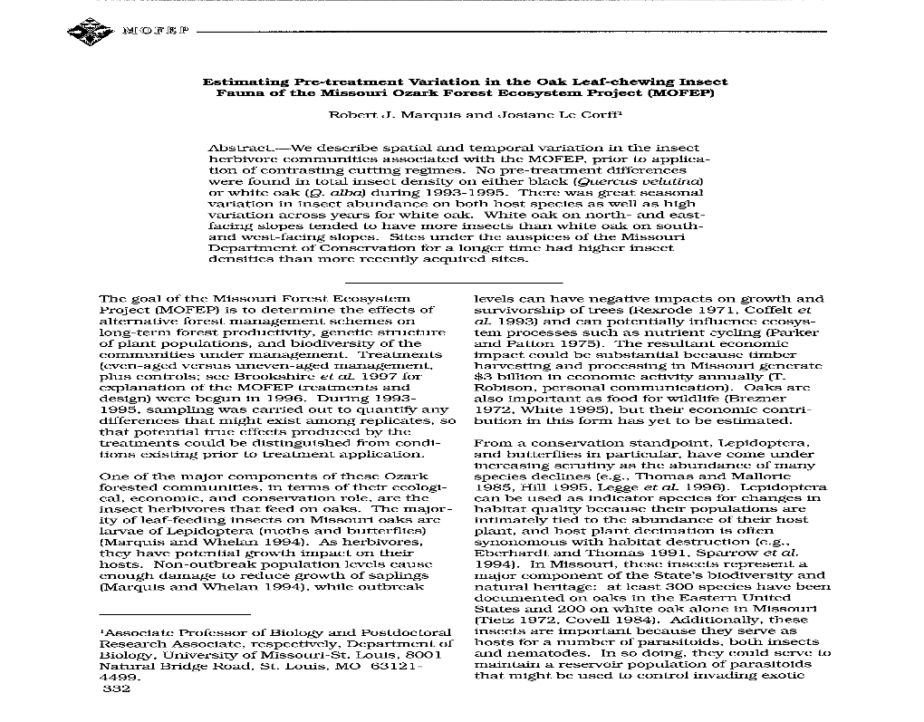 Estimating Pre-Treatment Variation in the Oak Leaf-Chewing Insect Fauna of the Missouri Ozark Forest Ecosystem Project (MOFEP)