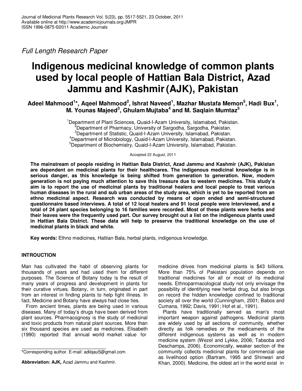 Indigenous Medicinal Knowledge of Common Plants Used by Local People of Hattian Bala District, Azad Jammu and Kashmir (AJK), Pakistan