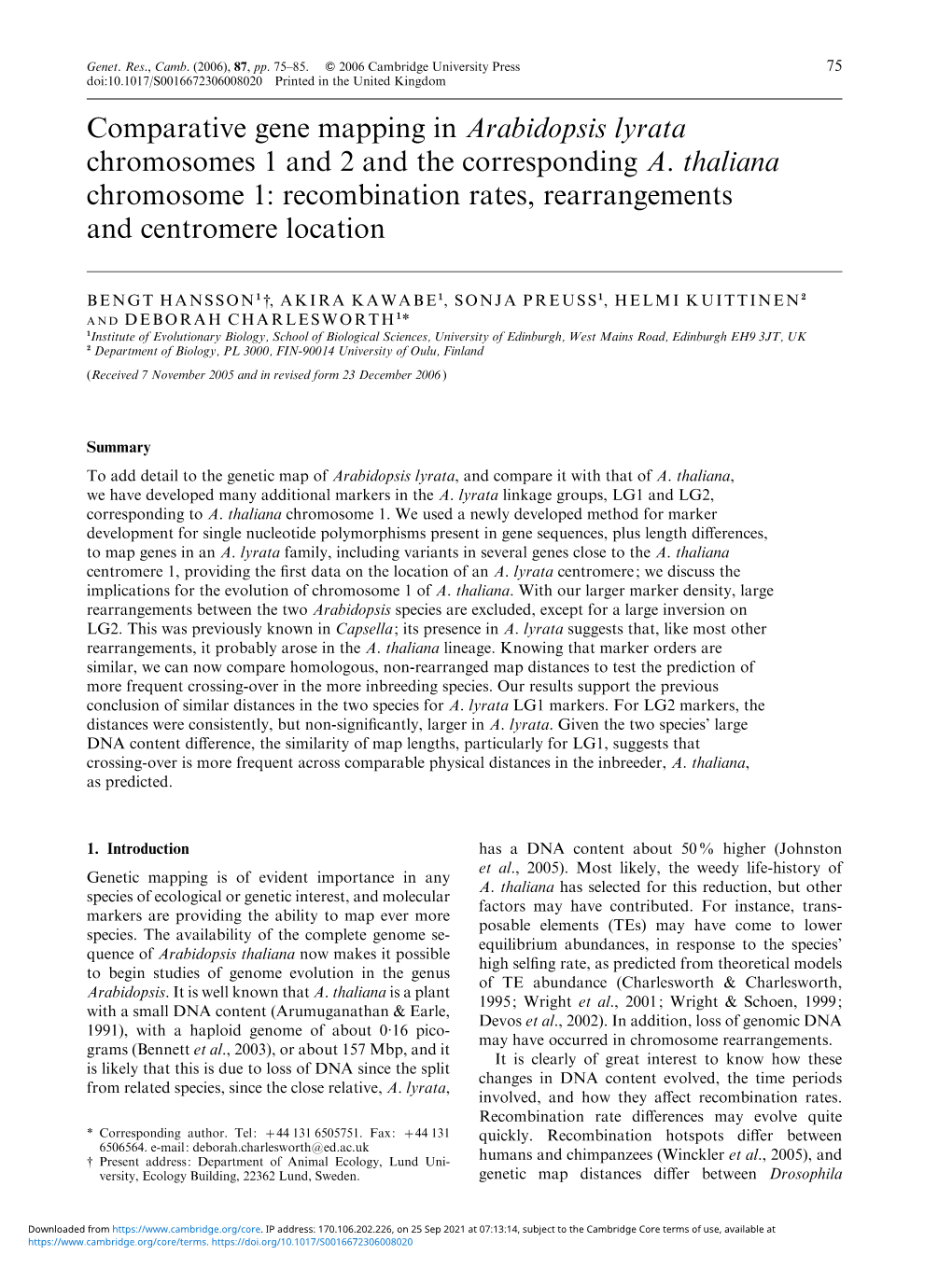 Comparative Gene Mapping in Arabidopsis Lyrata Chromosomes 1 and 2 and the Corresponding A