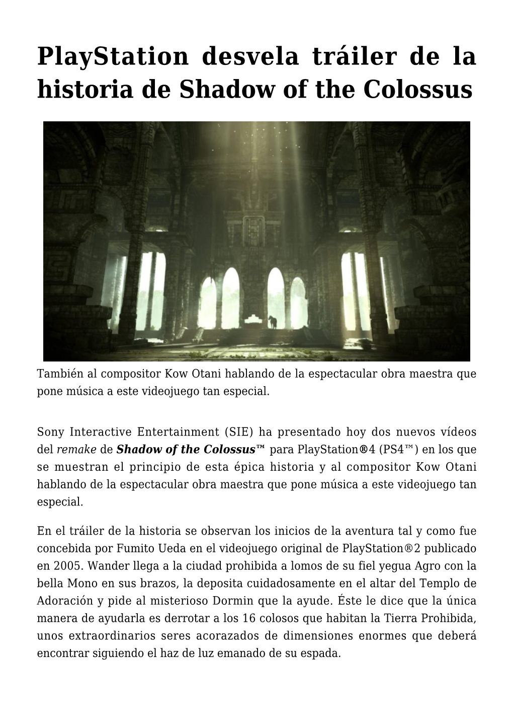 Playstation Desvela Tráiler De La Historia De Shadow of the Colossus