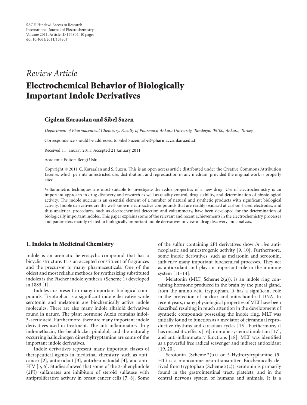 Electrochemical Behavior of Biologically Important Indole Derivatives