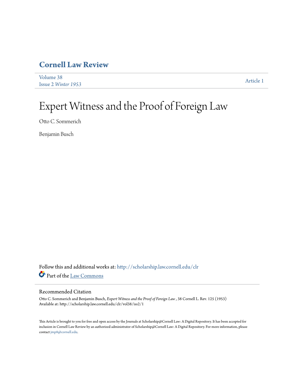 Expert Witness and the Proof of Foreign Law Otto C