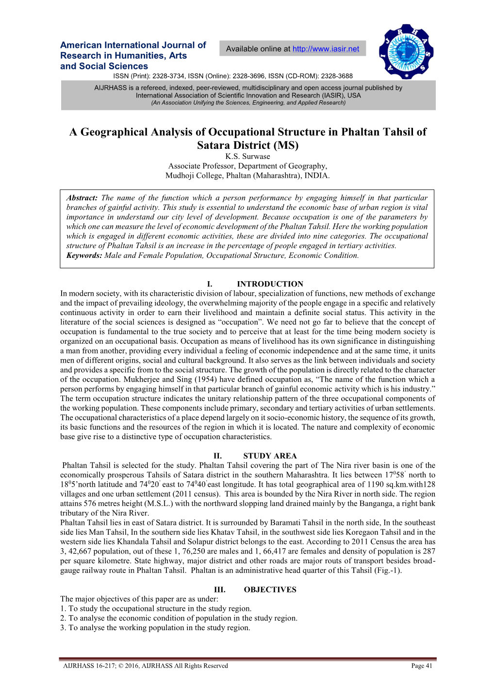 A Geographical Analysis of Occupational Structure in Phaltan Tahsil of Satara District (MS) K.S