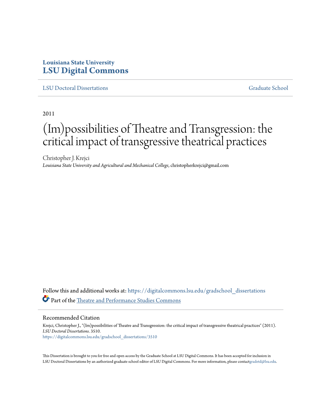 The Critical Impact of Transgressive Theatrical Practices Christopher J