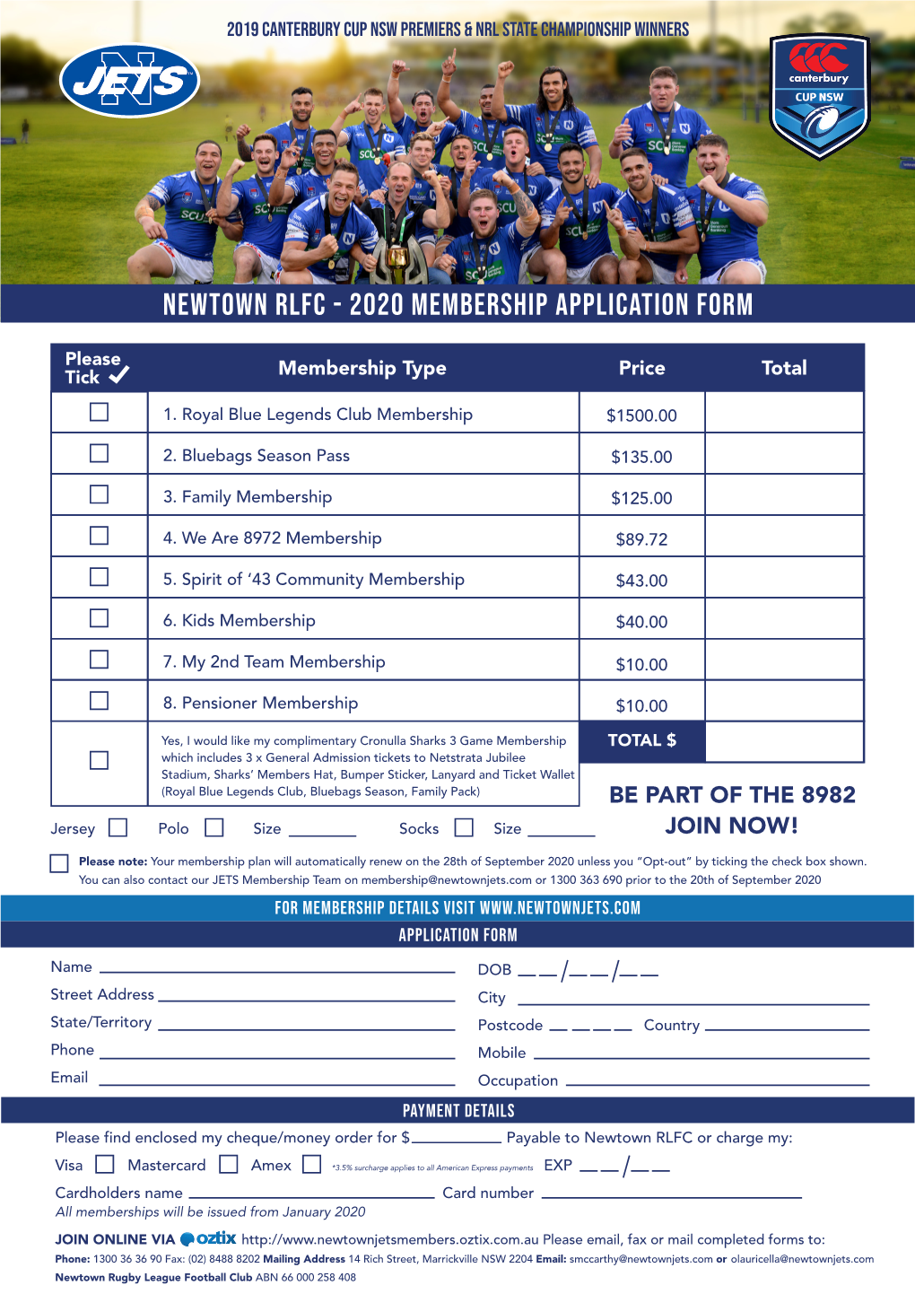 Newtown Jets 2020 Membership