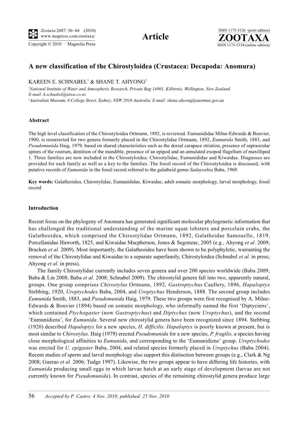 A New Classification of the Chirostyloidea (Crustacea: Decapoda: Anomura)