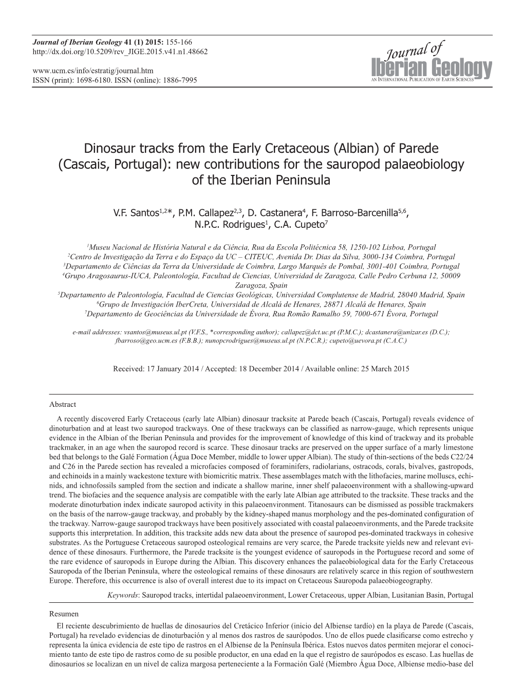 Dinosaur Tracks from the Early Cretaceous (Albian) of Parede (Cascais, Portugal): New Contributions for the Sauropod Palaeobiology of the Iberian Peninsula