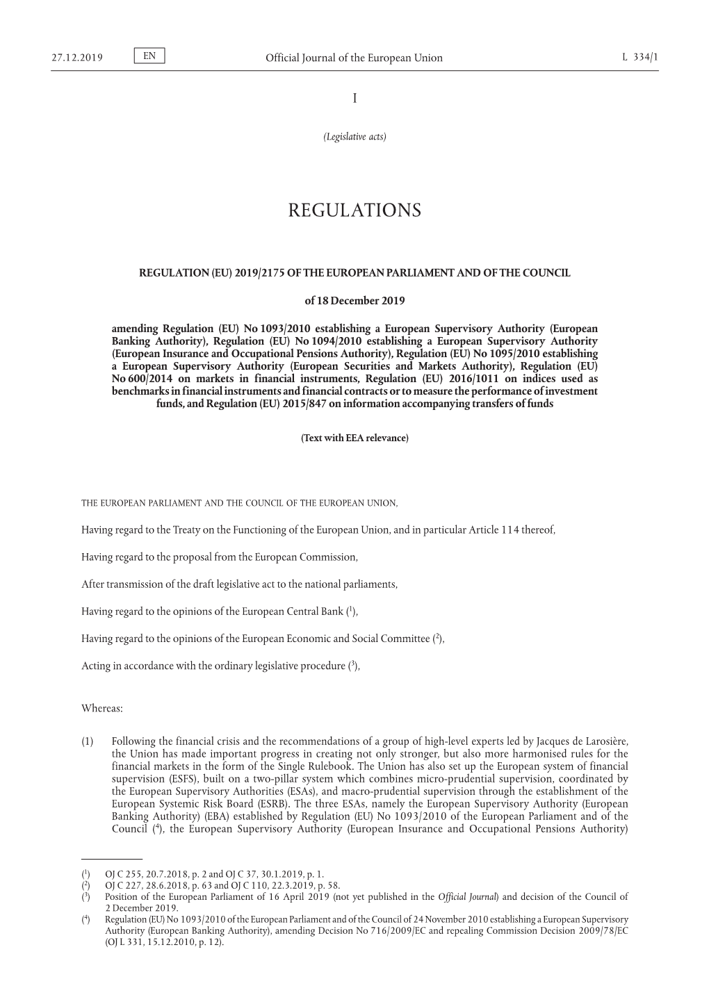 Regulation (Eu) 2019/2175 of the European Parliament and of the Council