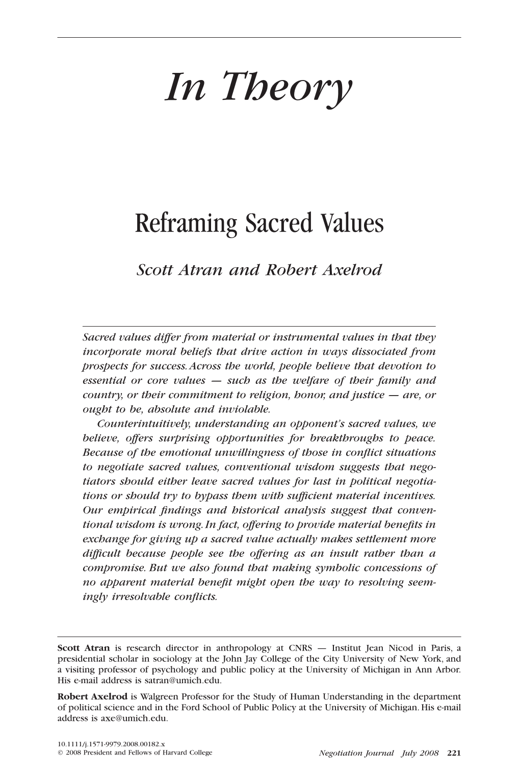 Reframing Sacred Values