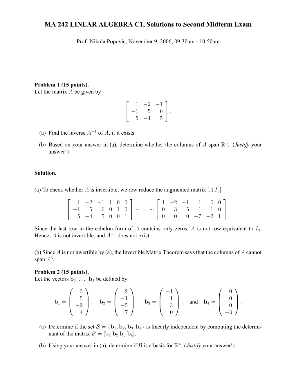 MA 242 LINEAR ALGEBRA C1, Solutions to Second Midterm Exam