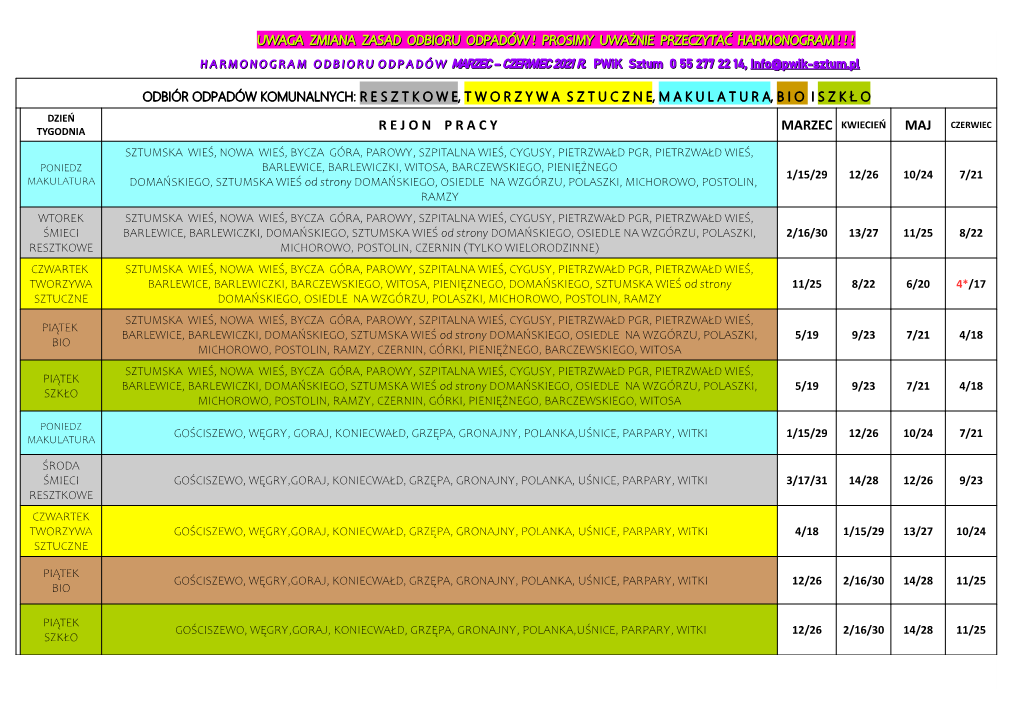 HARMONOGRAM MARZEC CZERWIEC 2021 Dla
