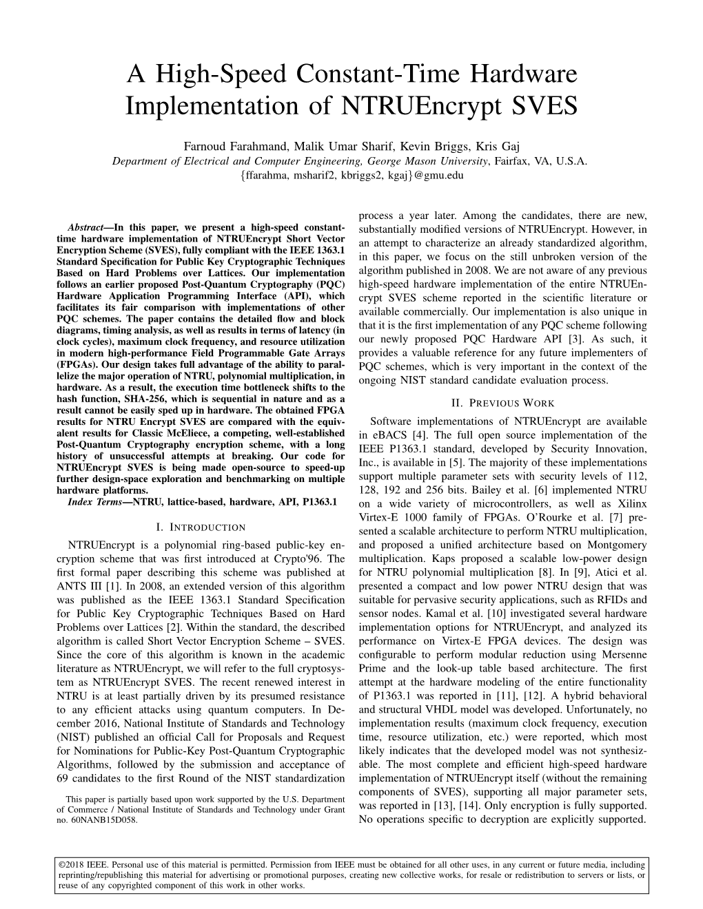 A High-Speed Constant-Time Hardware Implementation of Ntruencrypt SVES