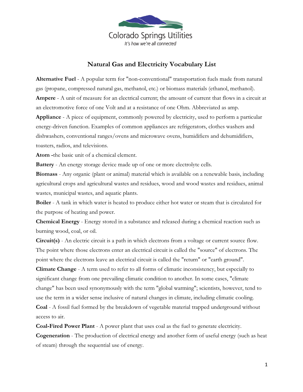 Electricity and Natural Gas Classroom Presentation Vocabulary List