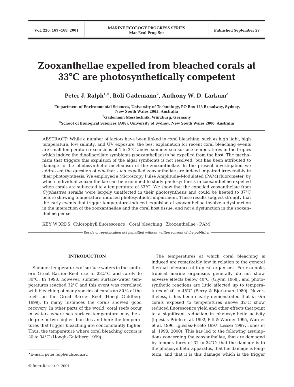 Zooxanthellae Expelled from Bleached Corals at 33°C Are