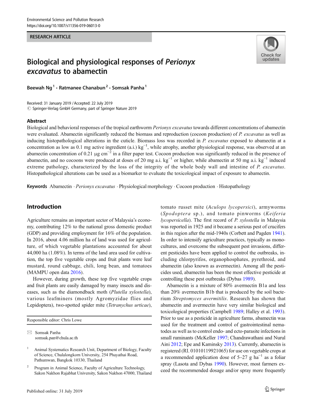 Biological and Physiological Responses of Perionyx Excavatus to Abamectin