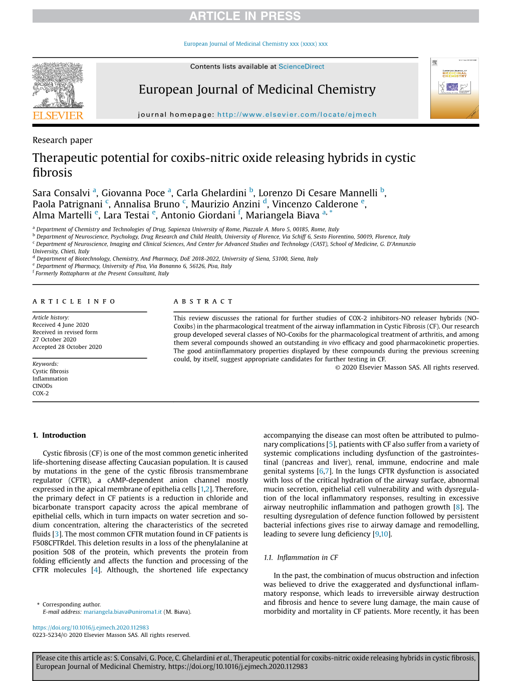 Therapeutic Potential for Coxibs-Nitric Oxide Releasing Hybrids in Cystic ﬁbrosis