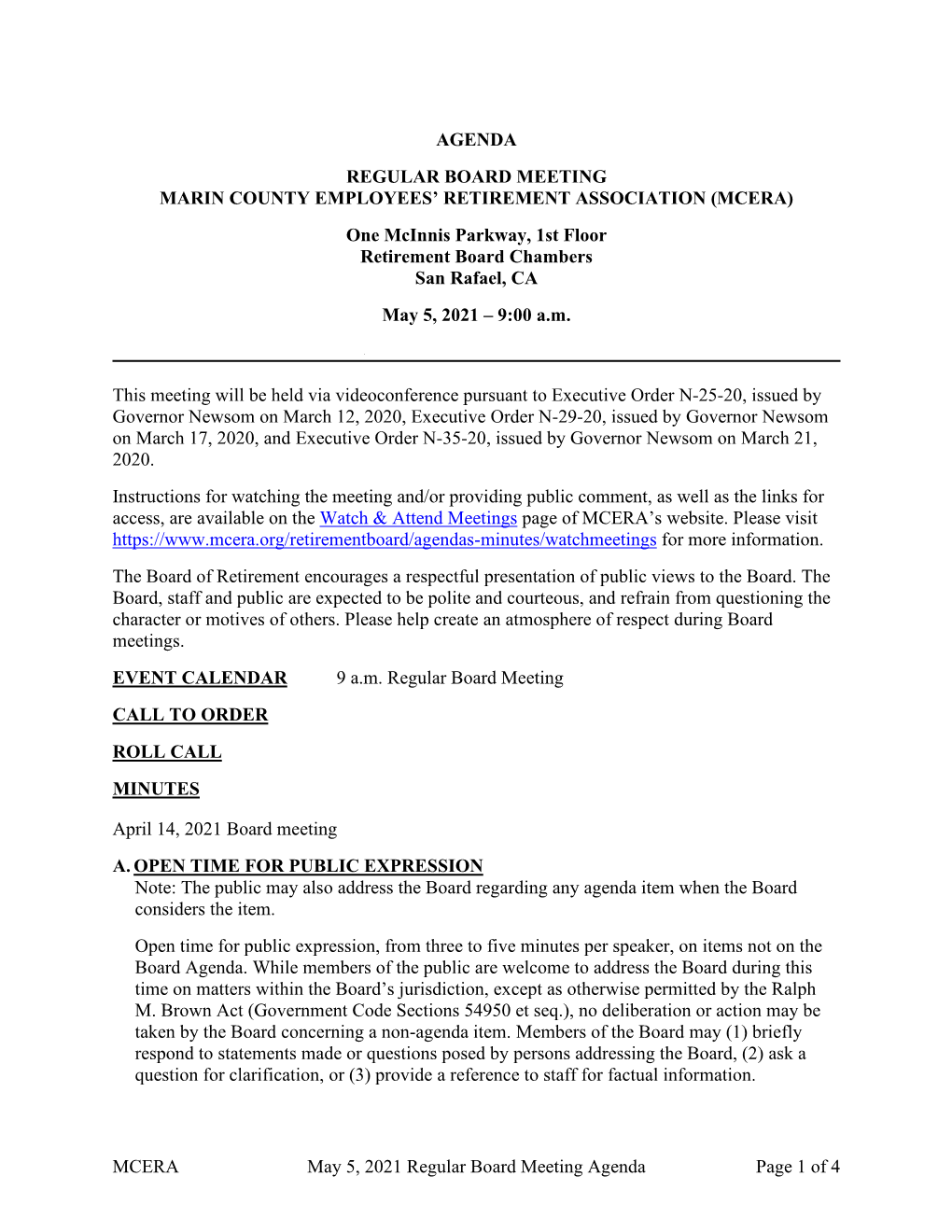 MCERA May 5, 2021 Regular Board Meeting Agenda Page 1 of 4 B